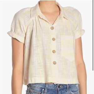 Free People We the Free Striped Boho Preppy Frayed Linen Blend Blouse Top Size L